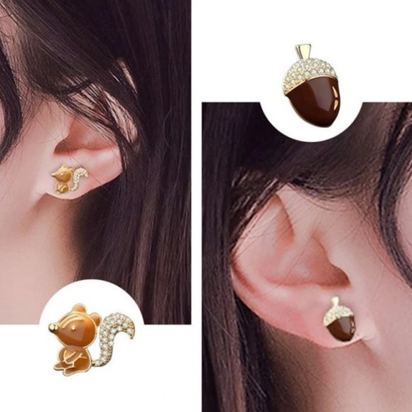 Korean Squirrel Acorn Stud Earrings Enamel Pave Goldtone 925 SIlver Posts 001A2 - Picture 3 of 8